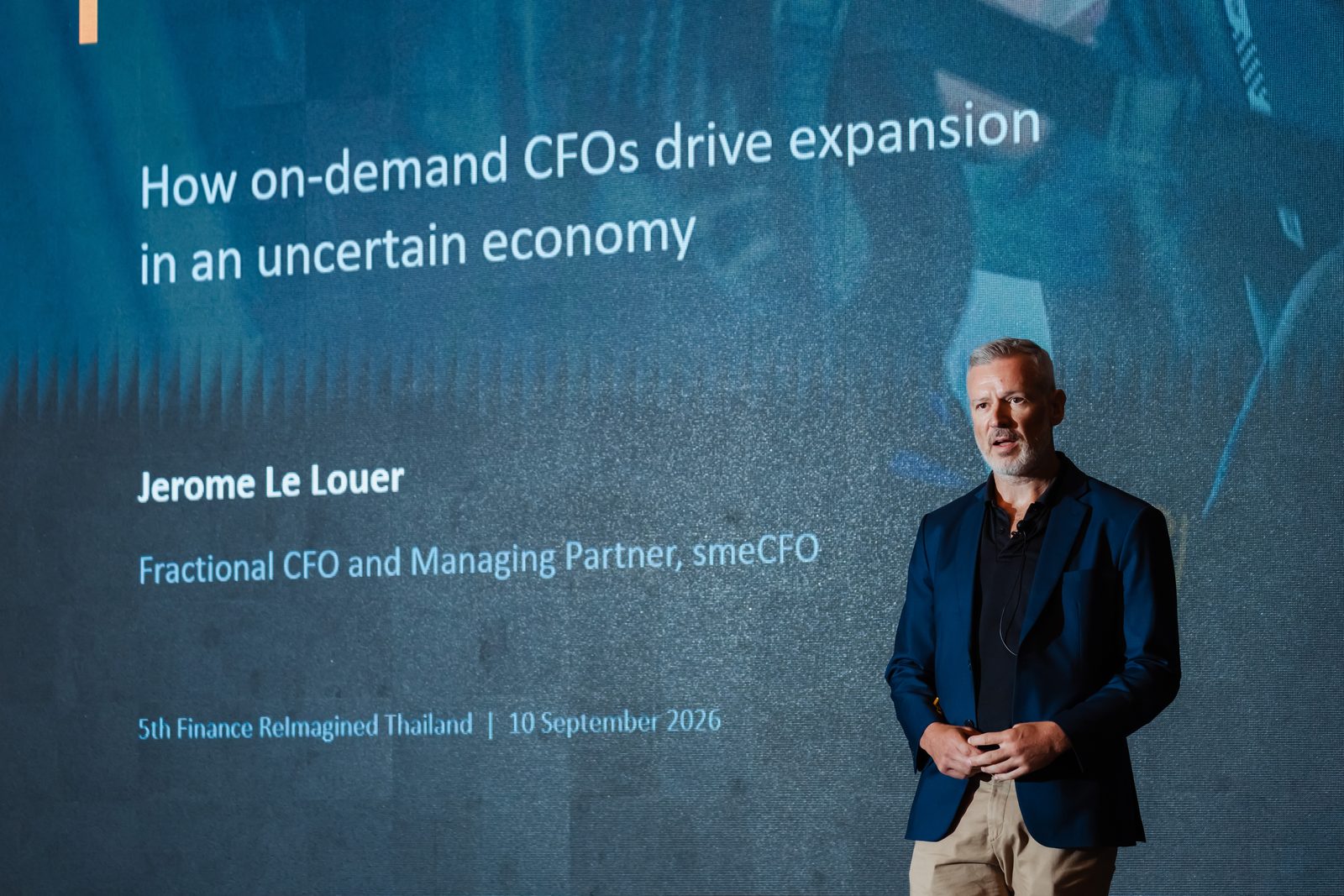 Jerome Le Louer delivering the afternoon keynote at Finance ReImagined Thailand 2026