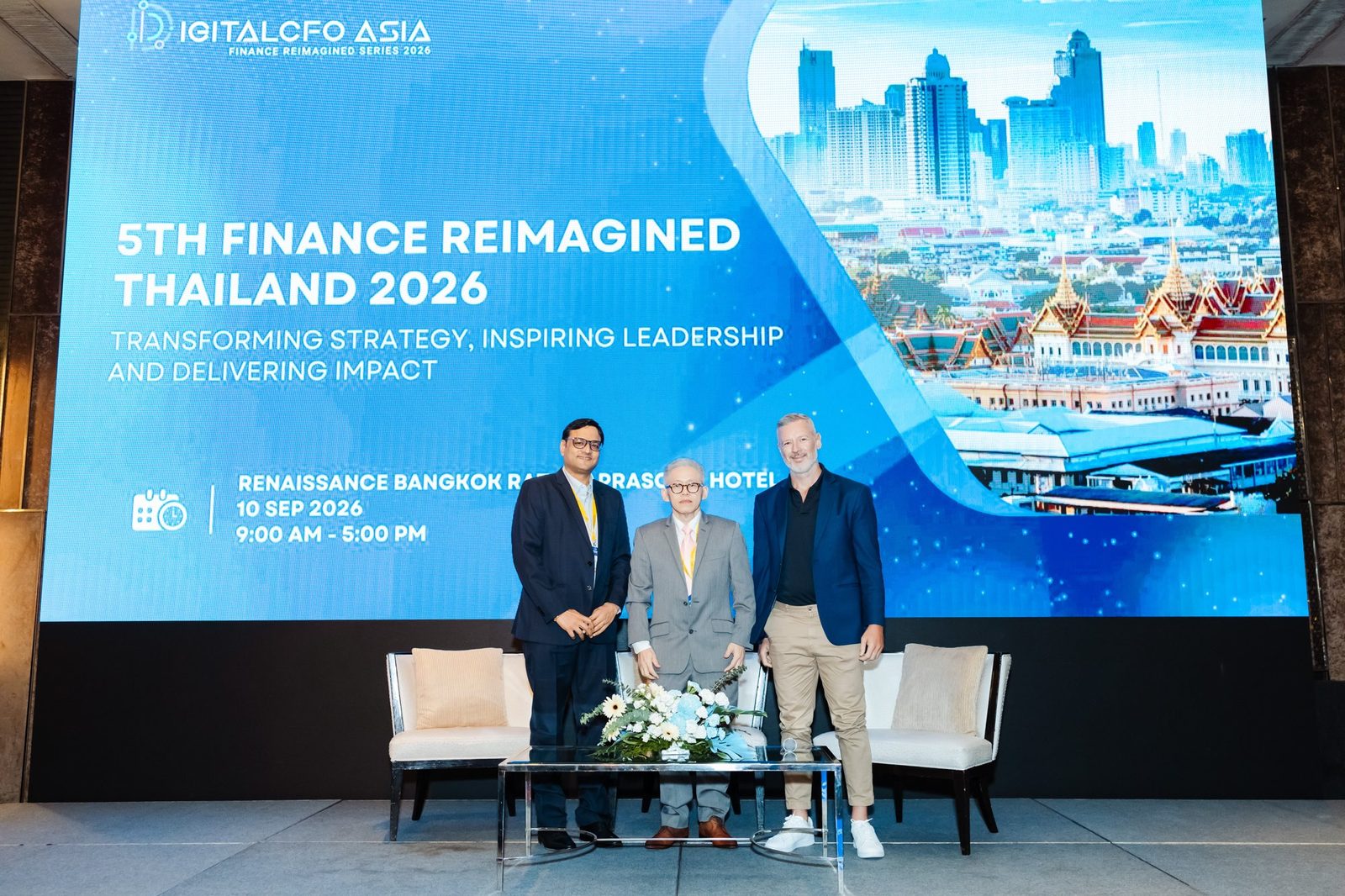 Ashok Jhanwar, Dr Yanyong Thammatucharee and Jerome Le Louer in front of the Finance ReImagined Thailand 2026 banner